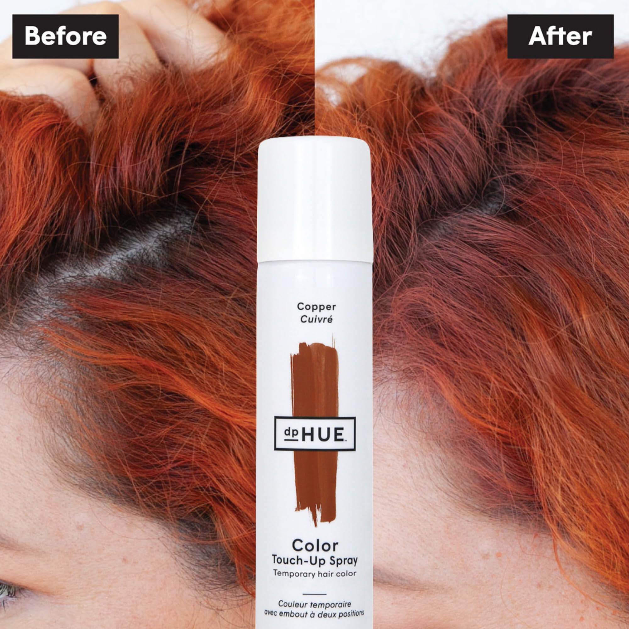 dpHUE Color Touch-Up Spray Copper on roots demonstrates seamless coverage