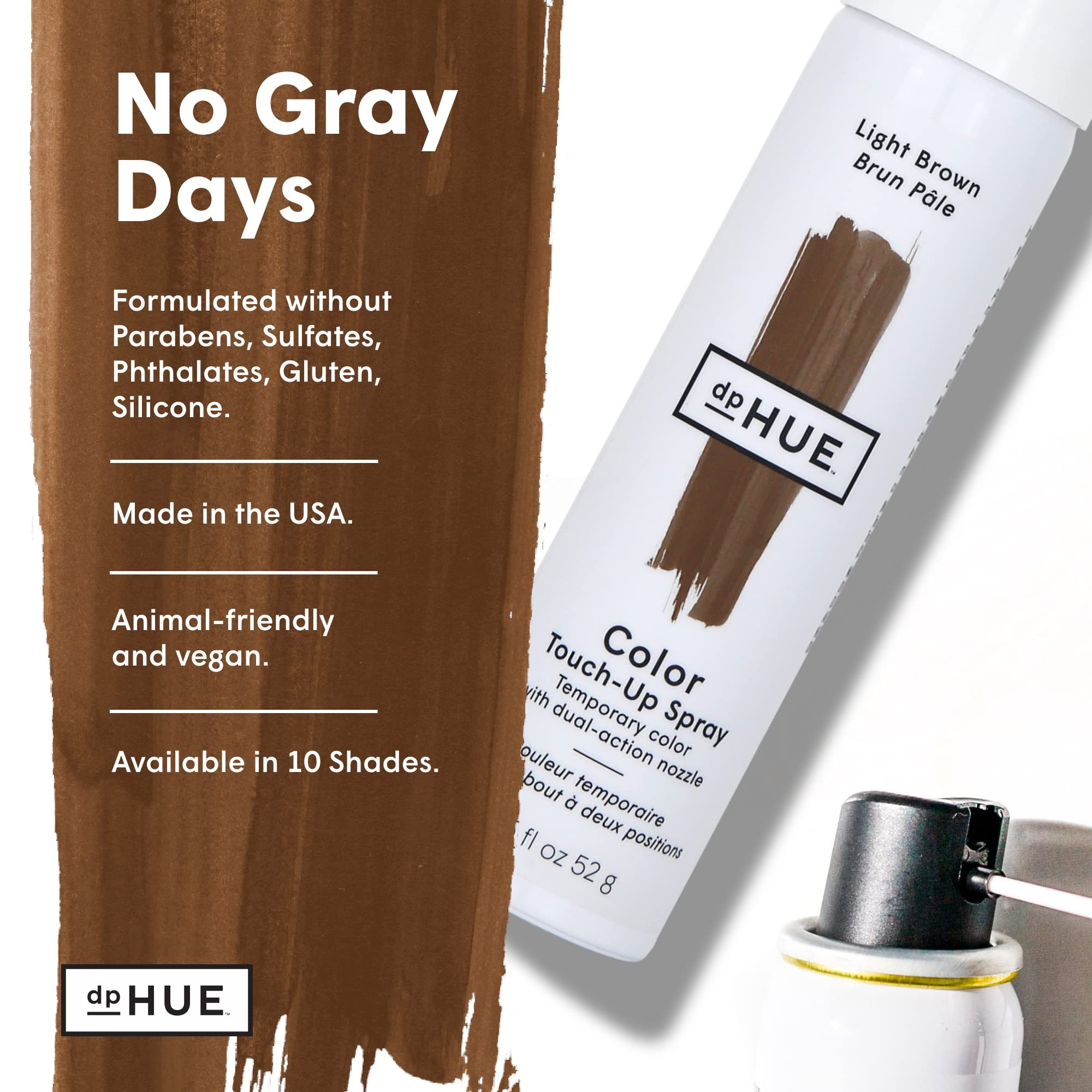 DpHUE packaging featuring a compact, travel-friendly touch-up spray bottle.