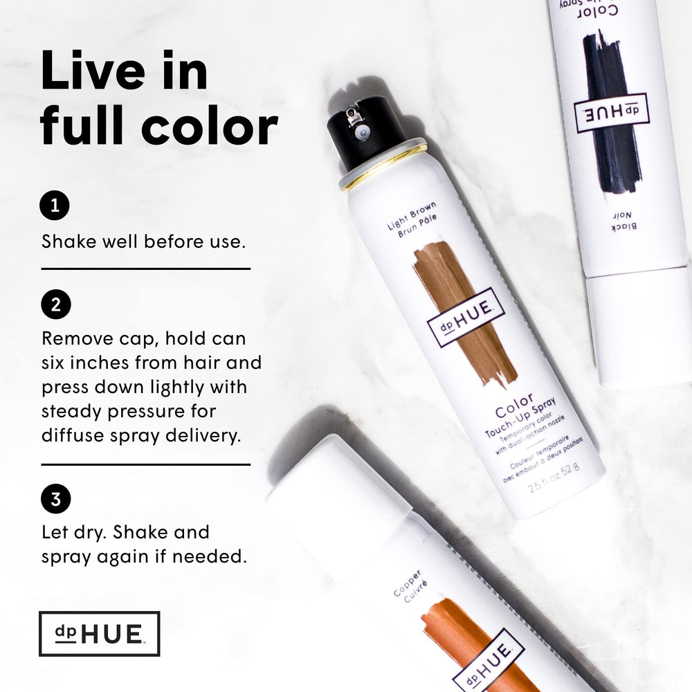 Applying dpHUE touch-up spray for targeted root coverage and blending.