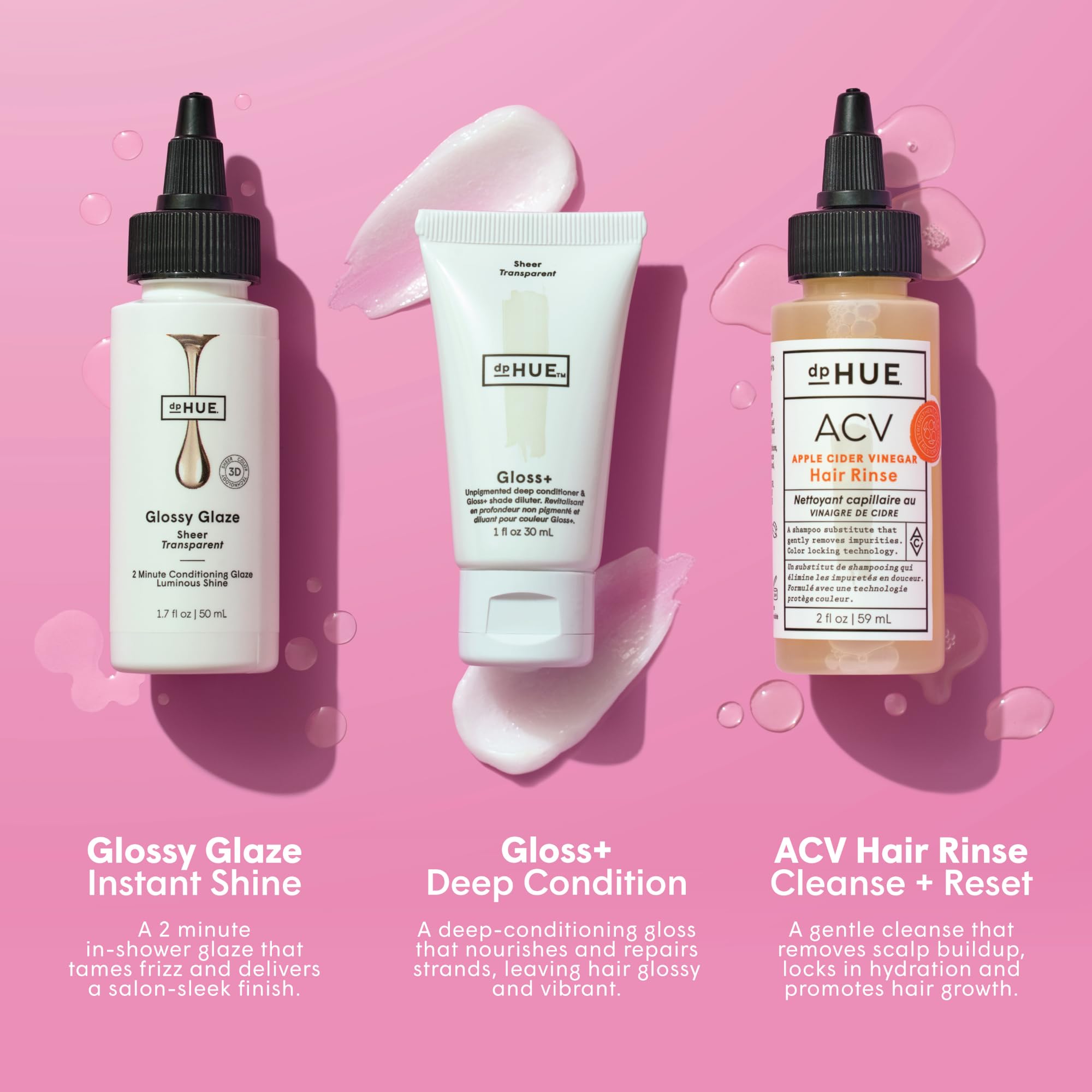 dpHUE Apple Cider Vinegar Hair Rinse refreshes scalp and removes buildup for natural shine.