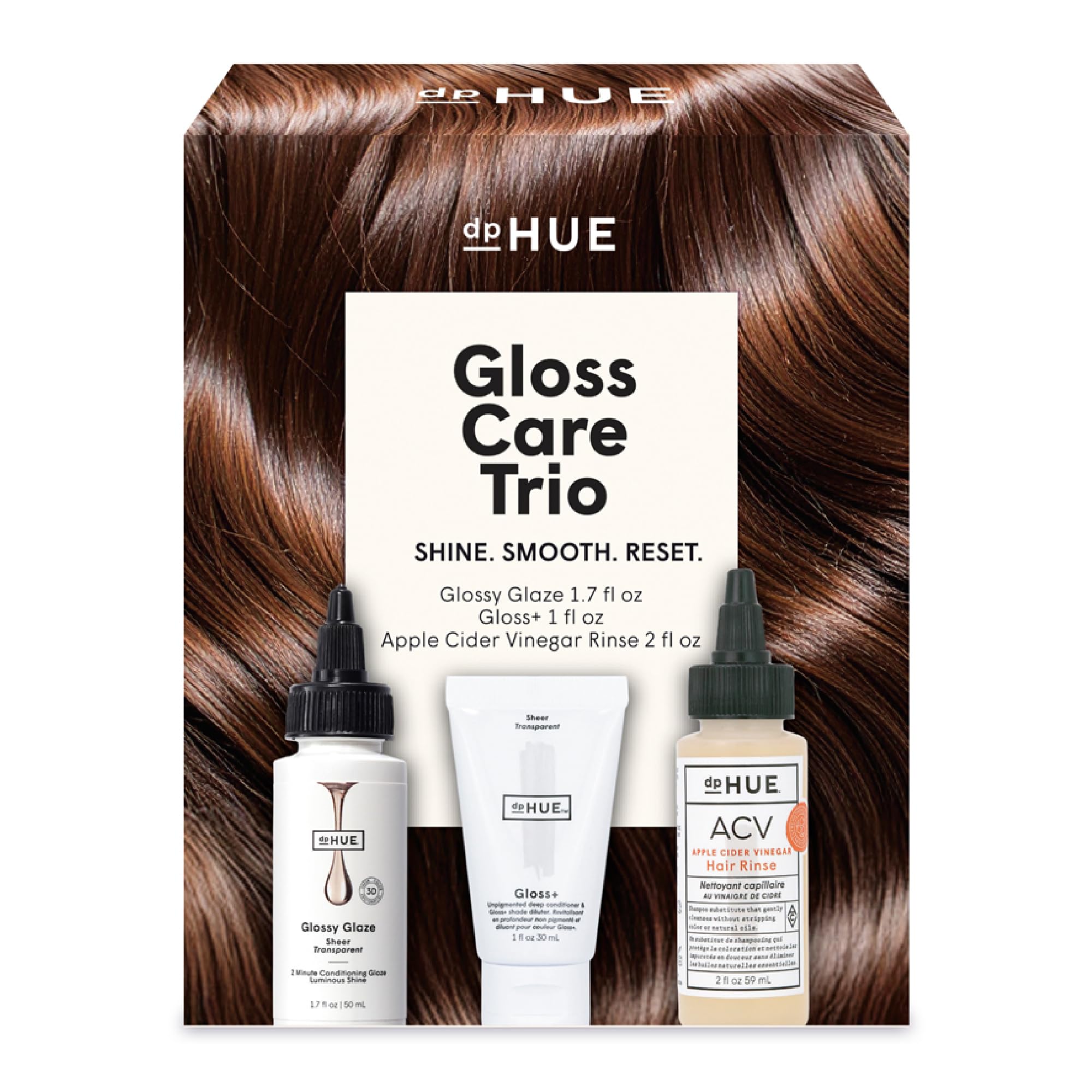 dpHUE Glossy Glaze bottle adds instant shine and frizz control for a sleek finish.
