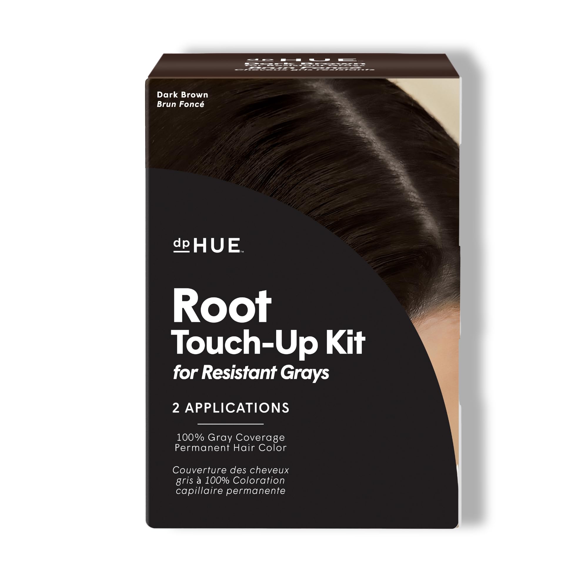 dpHUE Root Touch-Up Kit bottle close-up showing permanent gray coverage.