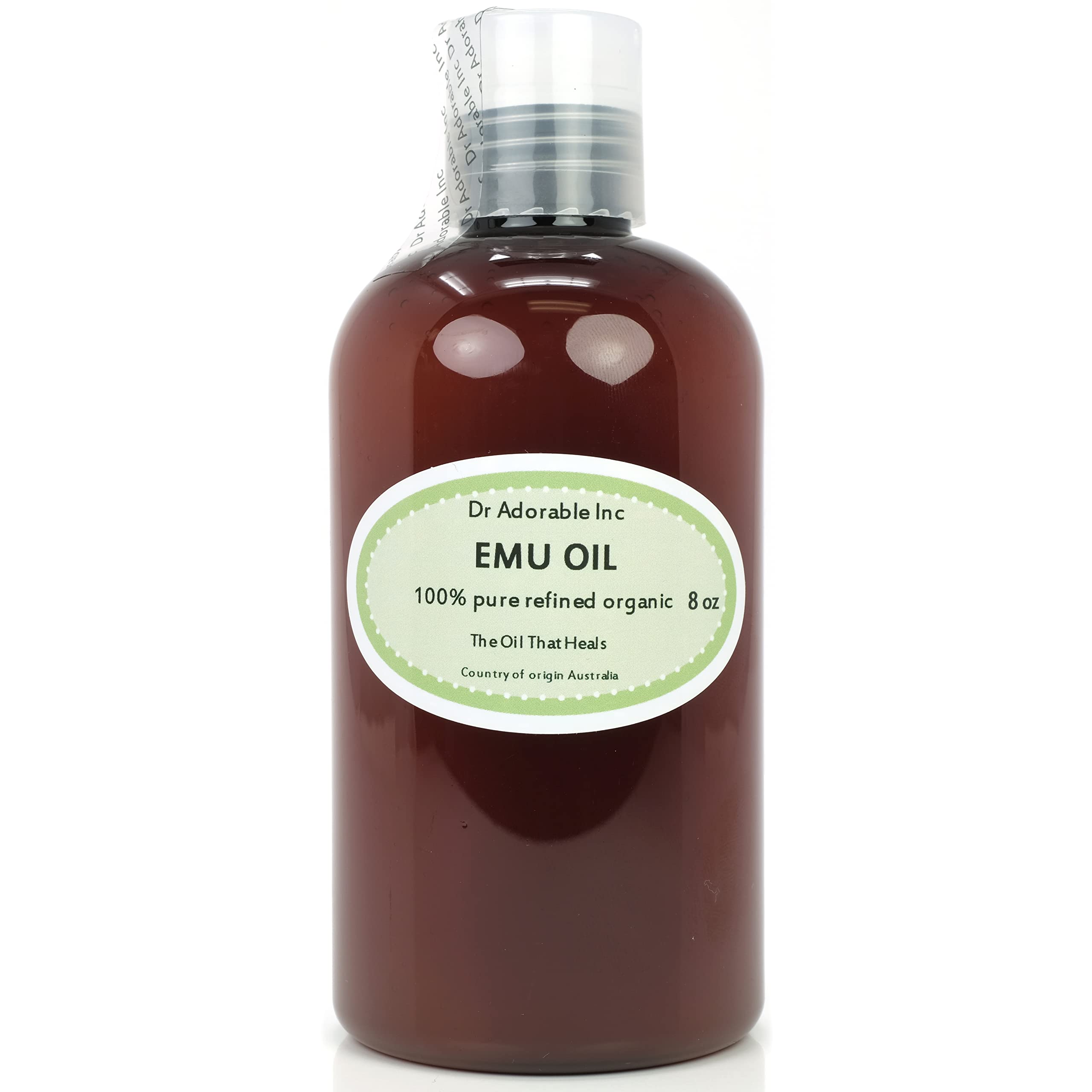 Dr Adorable Emu Oil bottle close-up highlighting refined purity for skincare.