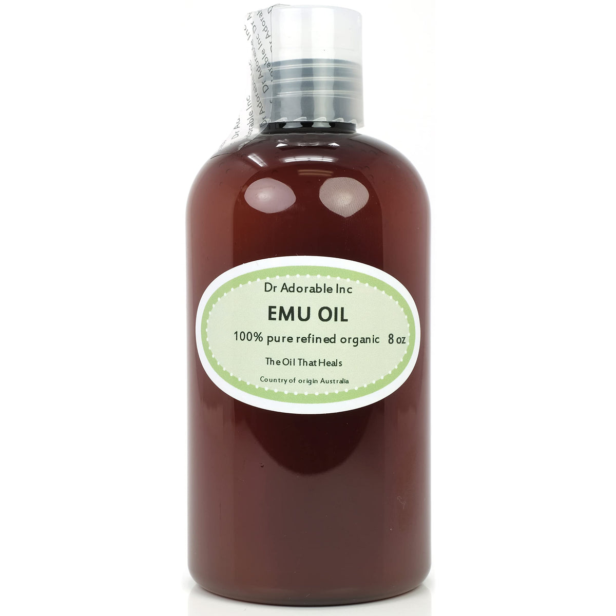 Dr Adorable Emu Oil bottle close-up highlighting refined purity for skincare.