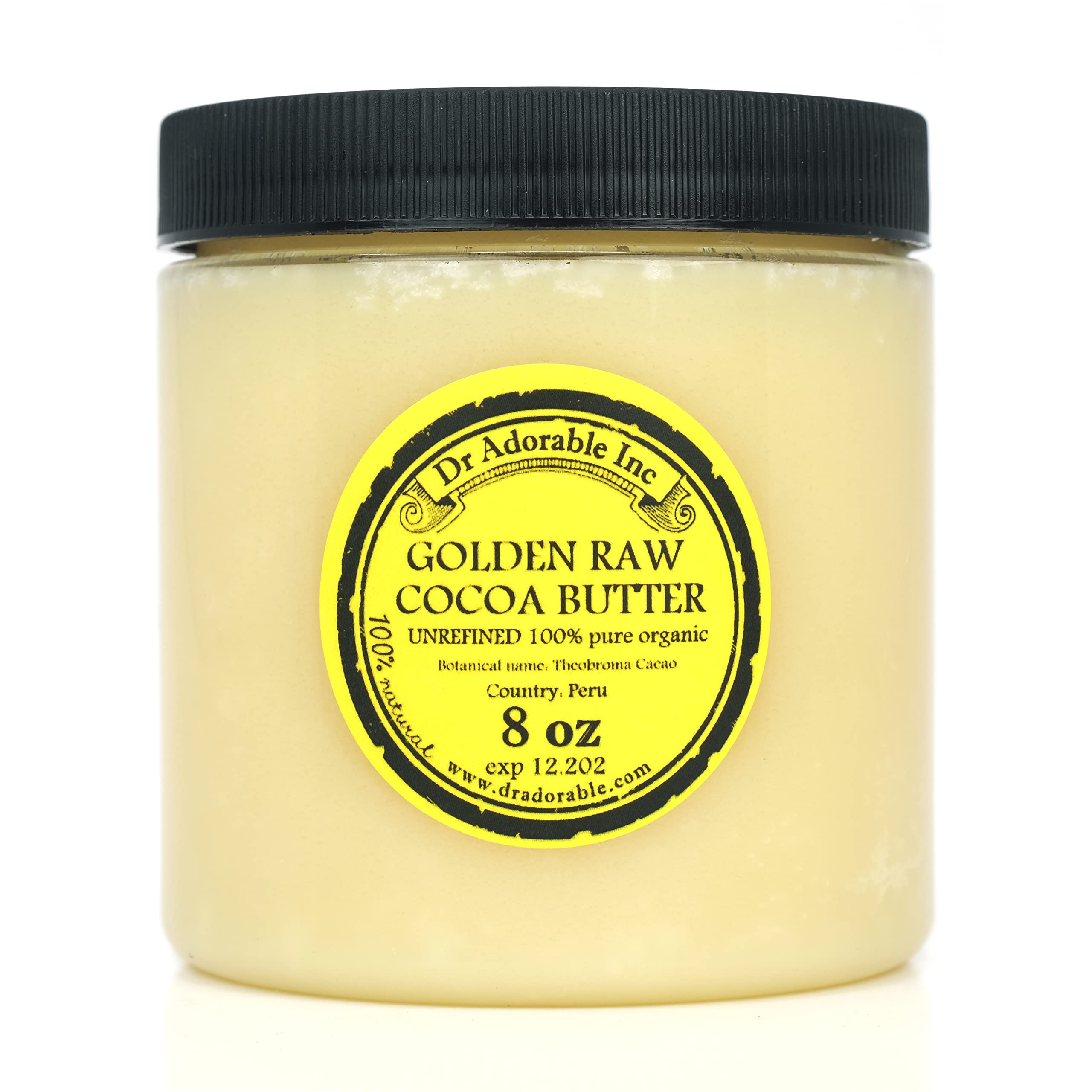 Dr Adorable Golden Cocoa Butter jar highlights pure, unrefined formula for deep skin hydration.