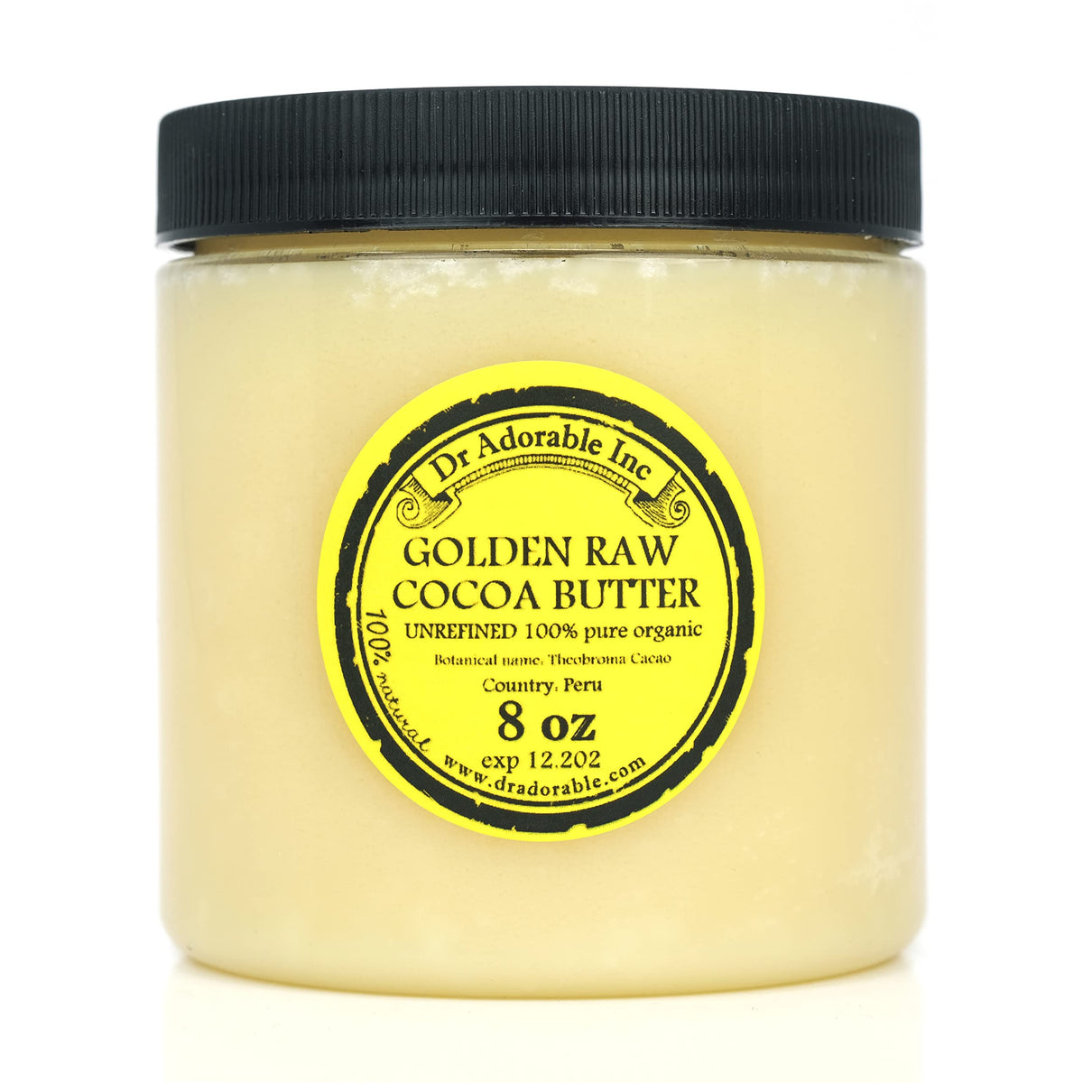 Dr Adorable Golden Cocoa Butter jar highlights pure, unrefined formula for deep skin hydration.