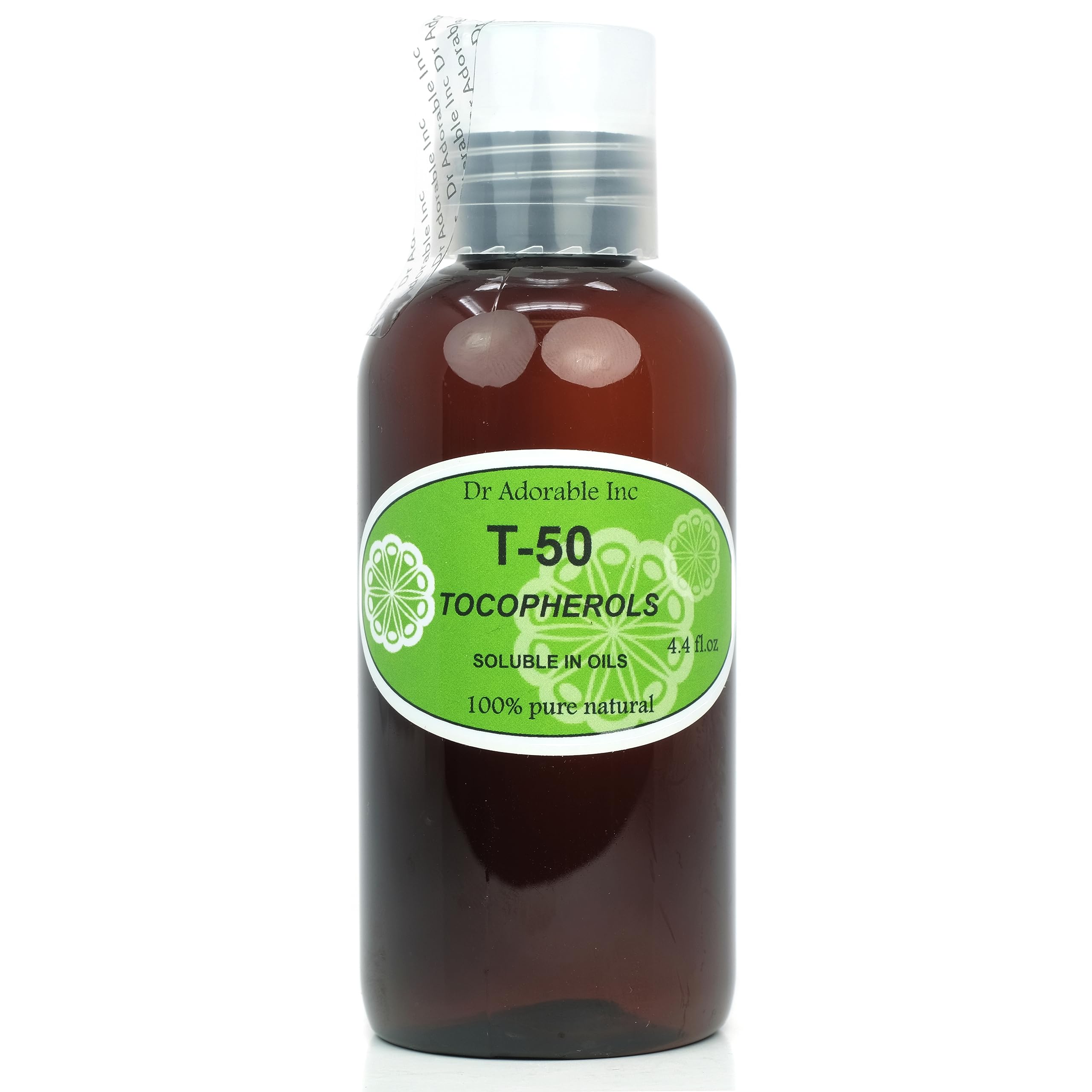 Dr Adorable Tocopherols T-50 bottle pour illustrating oil-soluble vitamin E for skincare.