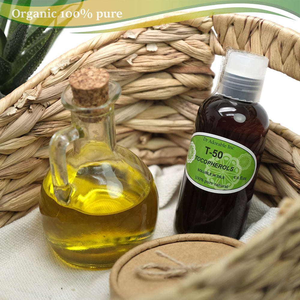 Dr Adorable Tocopherols T-50 close-up shows pure oil-soluble vitamin E for skin nourishment.