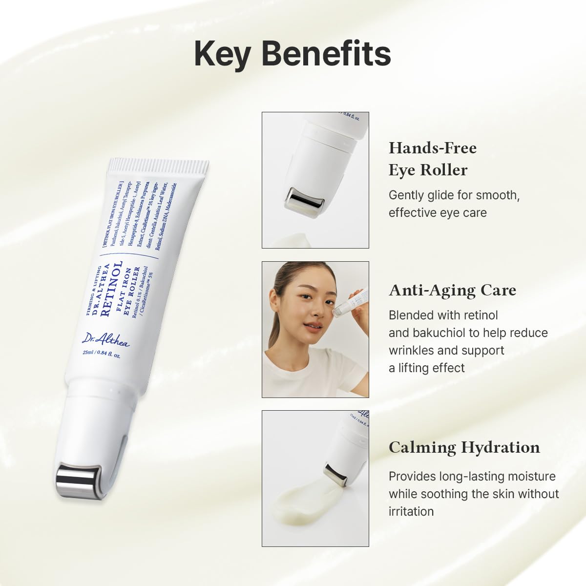 Dr.Althea Retinol Flat Iron Eye Roller application angle highlighting hydration.