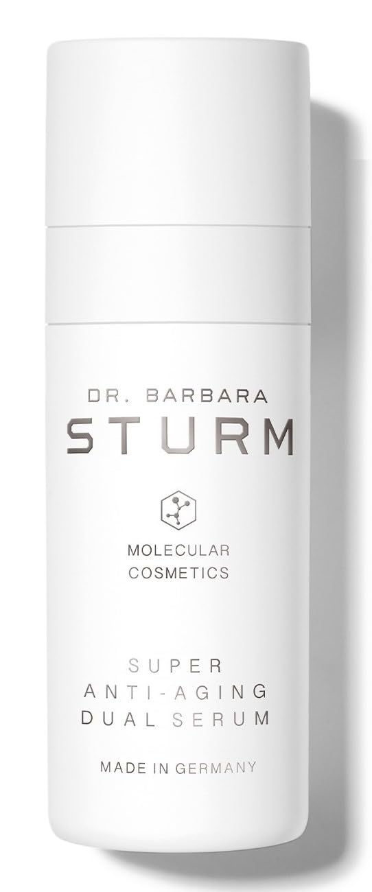 Dr. Barbara Sturm Super Anti Aging Dual Serum bottle highlights premium hydration.