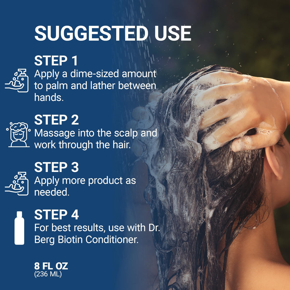 Dr. Berg Biotin Shampoo in a shower setup for daily-use routine