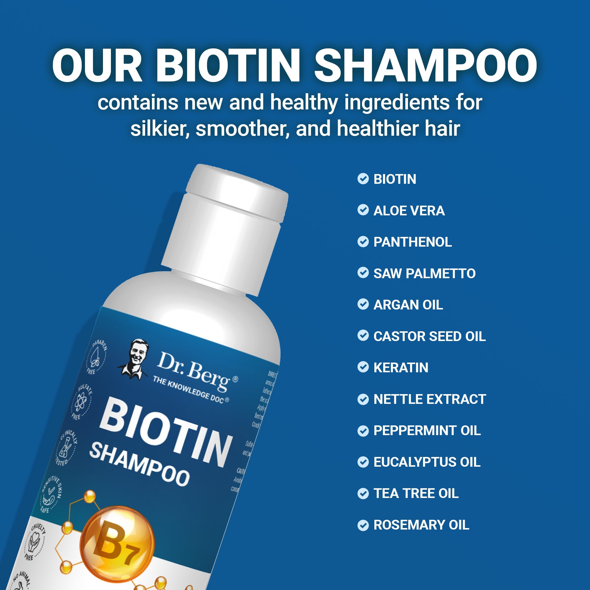 Dr. Berg Biotin Shampoo finish on hair reveals smoother, silkier texture