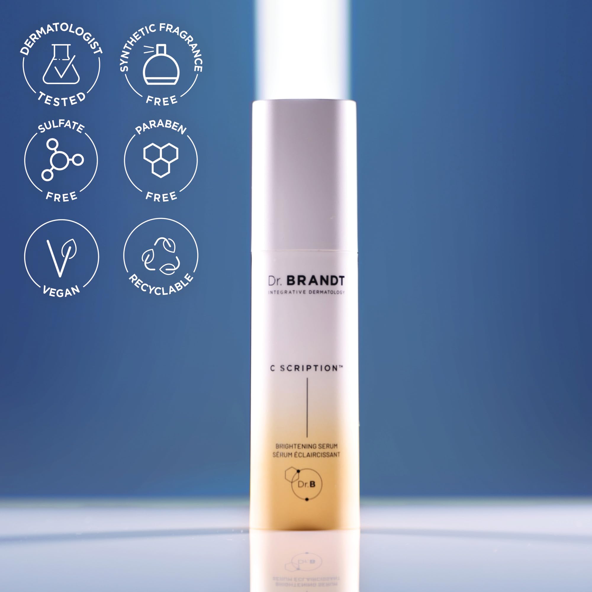 Morning routine setup featuring Dr. Brandt skincare Bright This Way C Scription.