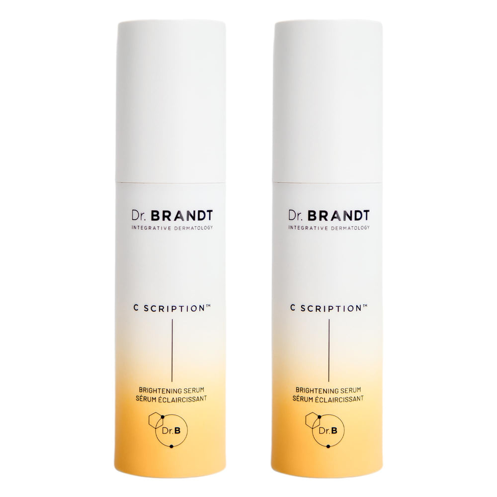Dr. Brandt Bright This Way C Scription bottle with pour hints at radiant, even-toned skin.