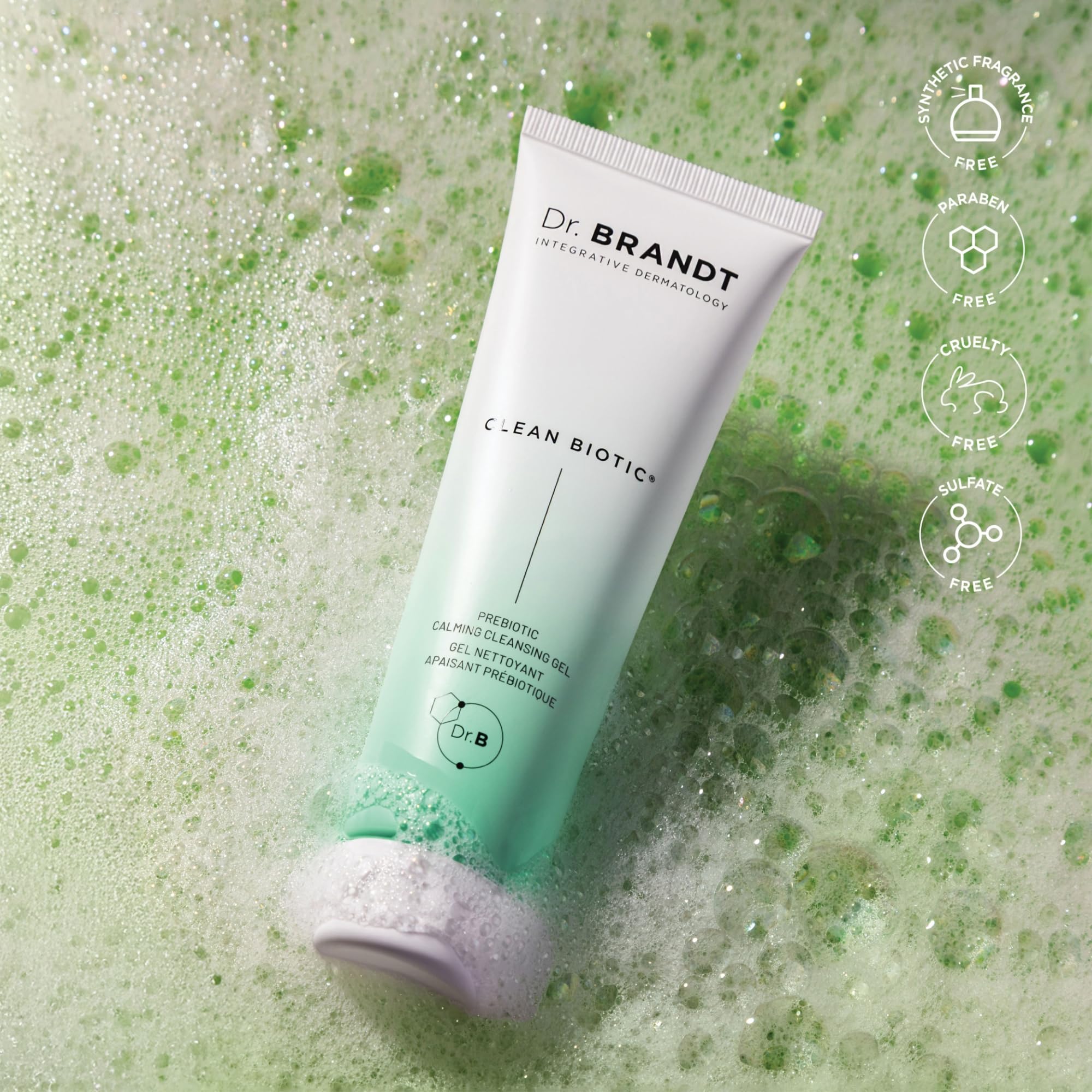 Dr. Brandt Clean Biotic cleanser pump closeup emphasizes easy dispensing