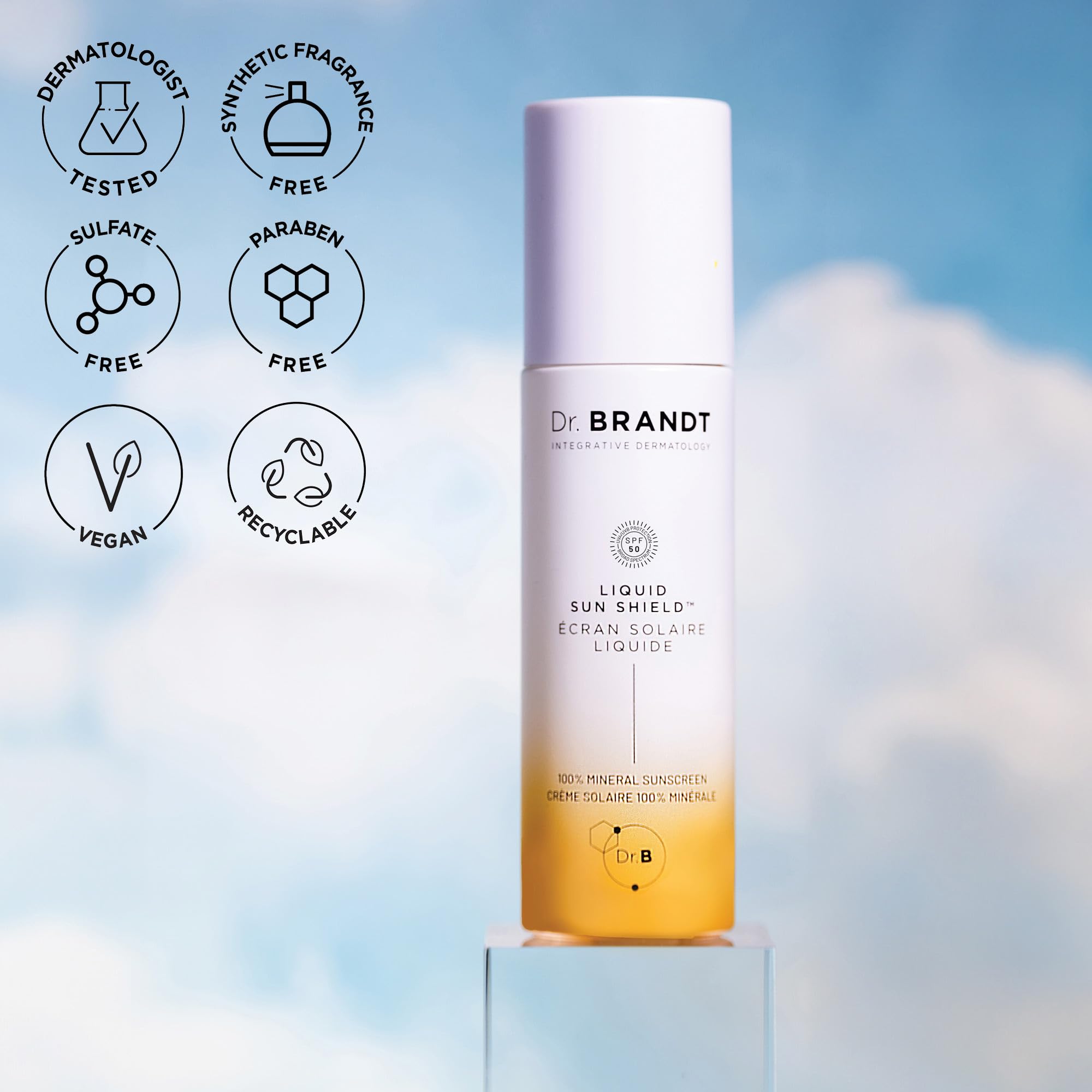 Dr. Brandt Bright This Way Liquid Sun Shield SPF 50 lotion on display for all skin types
