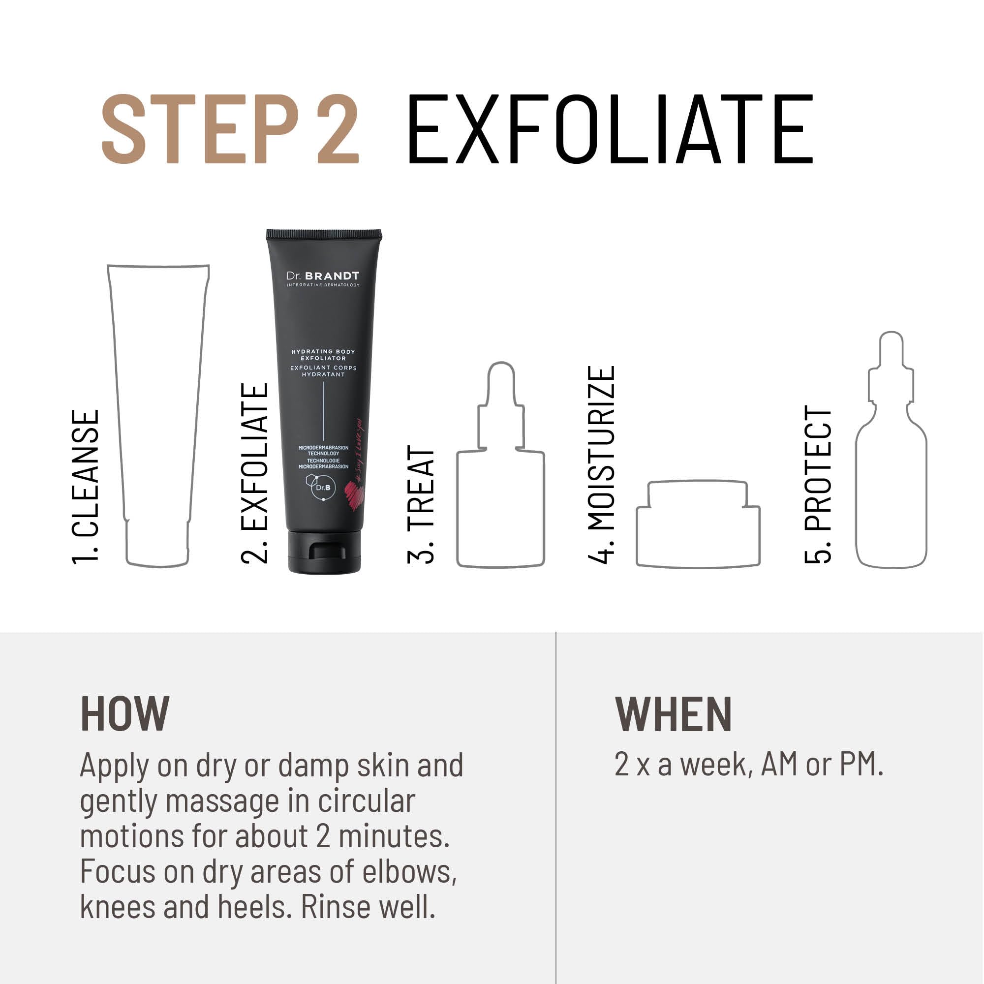Dr. Brandt Skincare ready-to-use tub with visible product and smooth skin after exfoliation