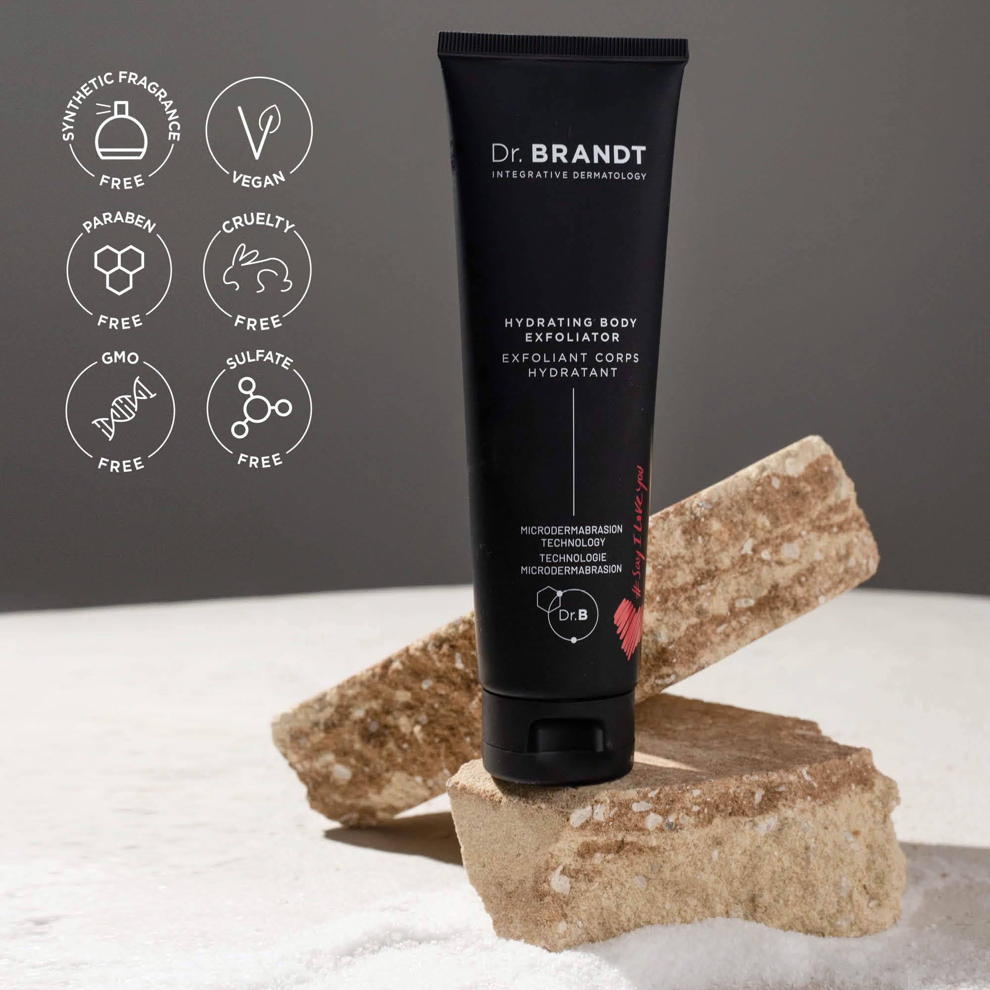 Dr. Brandt Skincare exfoliator in use, showing two-minute massage on leg area