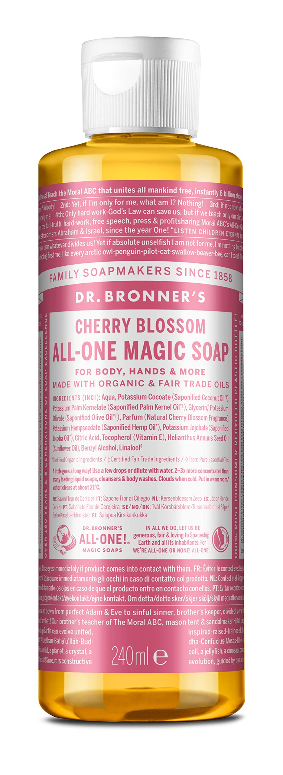 Dr. Bronner's Cherry Blossom soap bottle with floral scent for daily cleaning