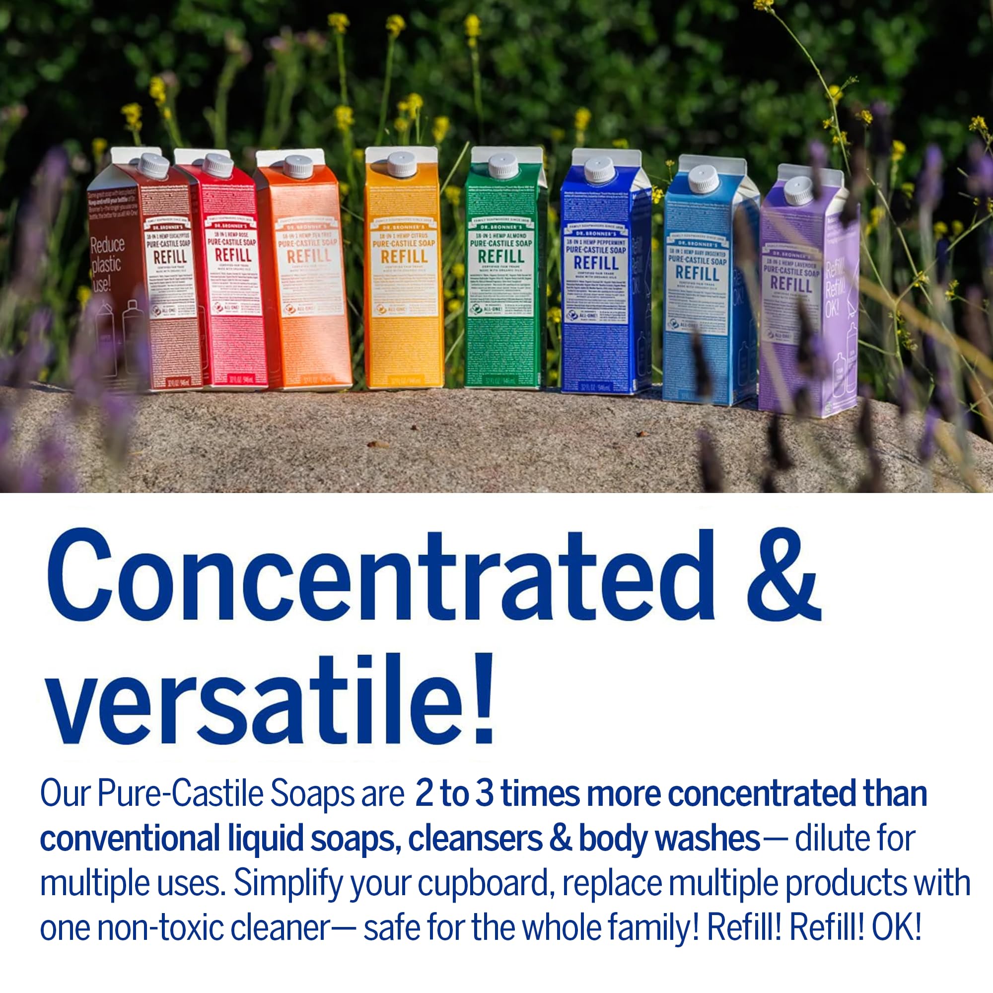 Dr. Bronner's 86% less plastic packaging close-up highlighting sustainability.