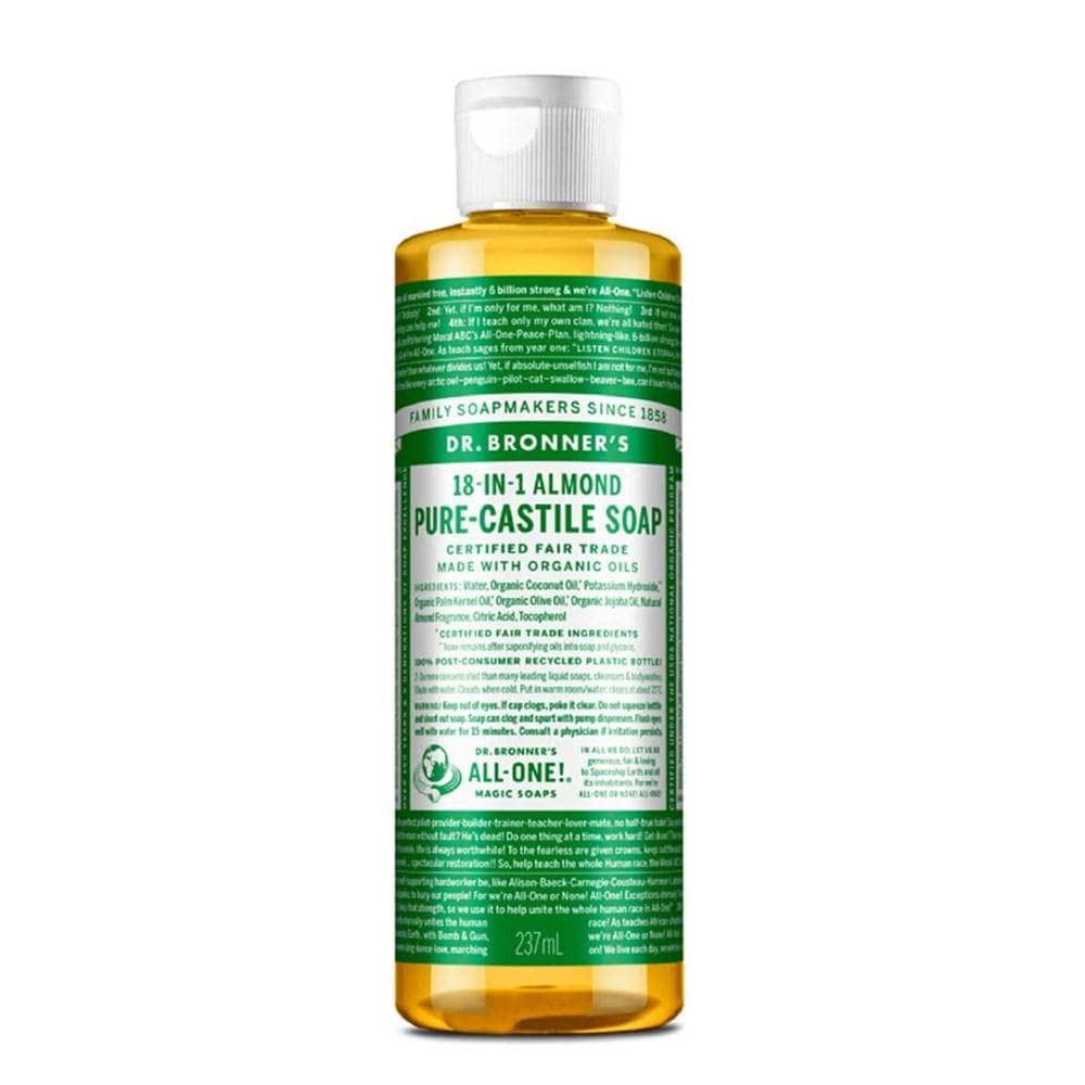Dr. Bronner's Almond Pure-Castile soap bottle for versatile cleaning at home.