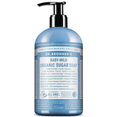 Dr. Bronner's Baby Mild sugar soap bottle, fragrance-free for face and body.
