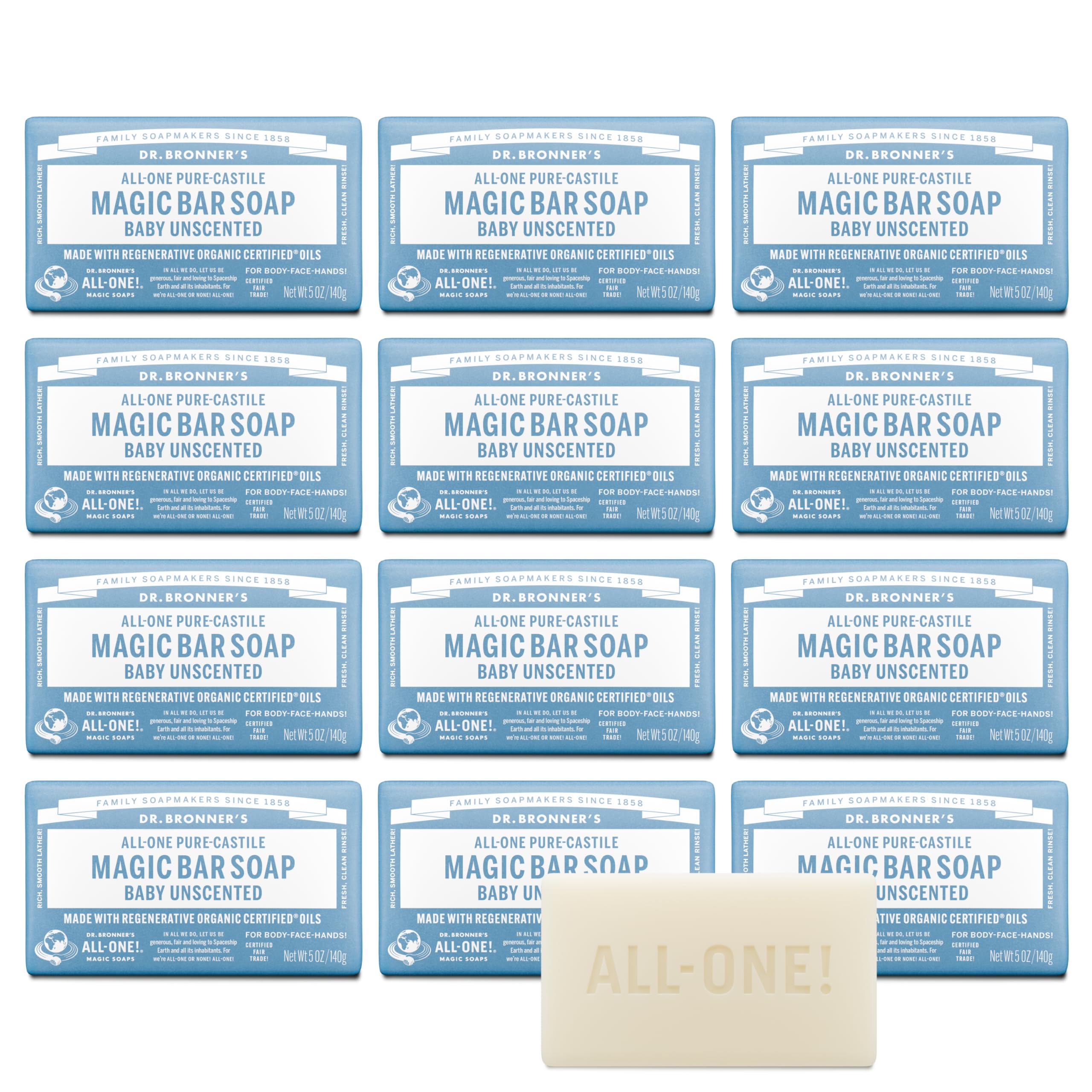 Dr. Bronner's Baby Unscented Magic Bar 12-pack for gentle daily cleansing.