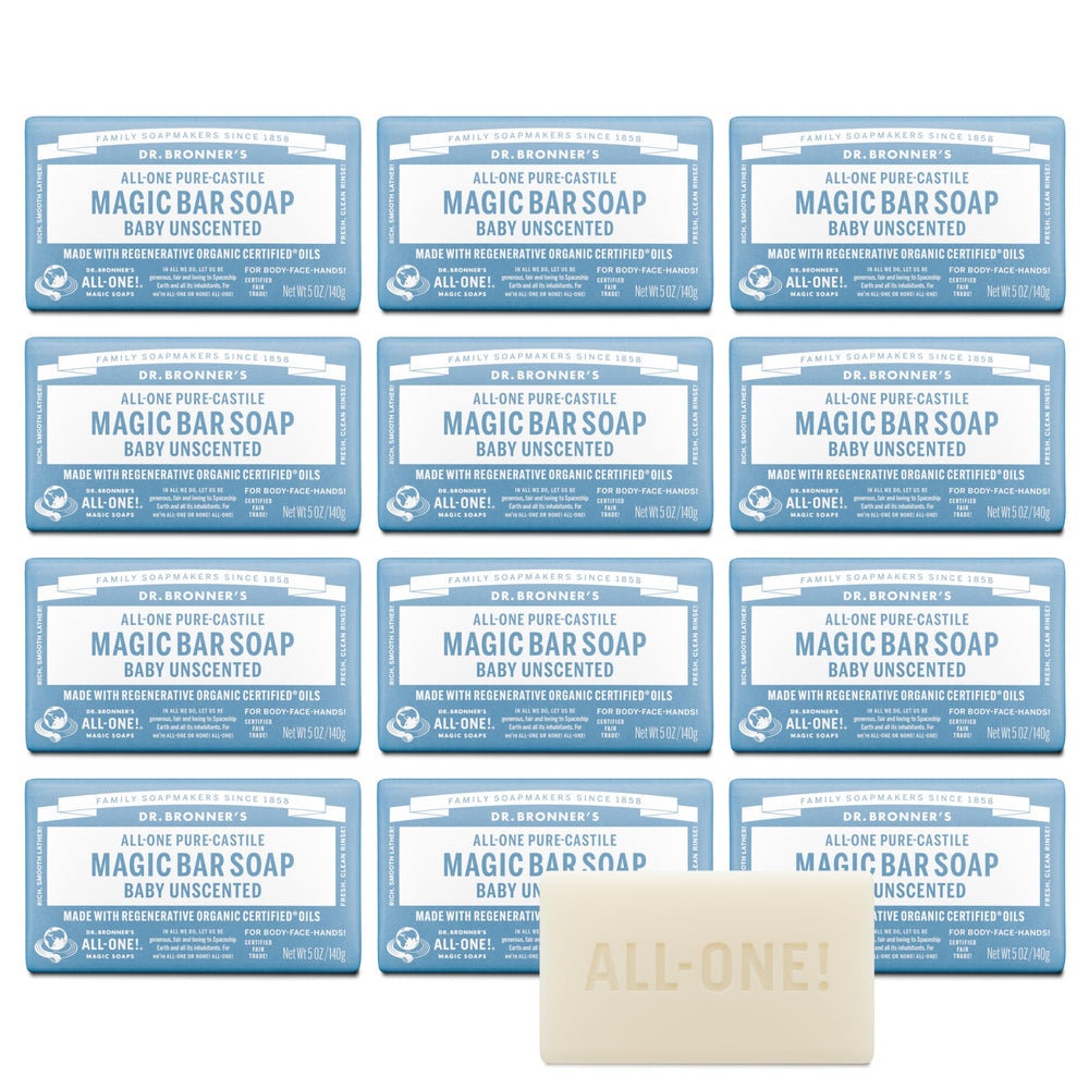 Dr. Bronner's Baby Unscented Magic Bar 12-pack for gentle daily cleansing.