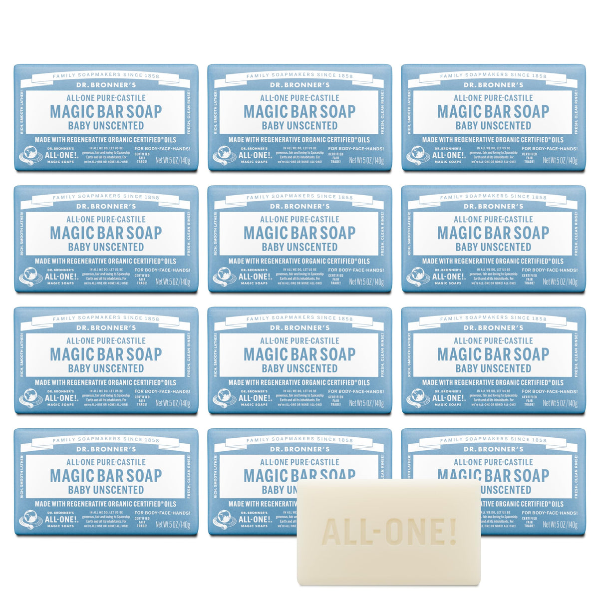 Dr. Bronner's Baby Unscented Magic Bar 12-pack for gentle daily cleansing.