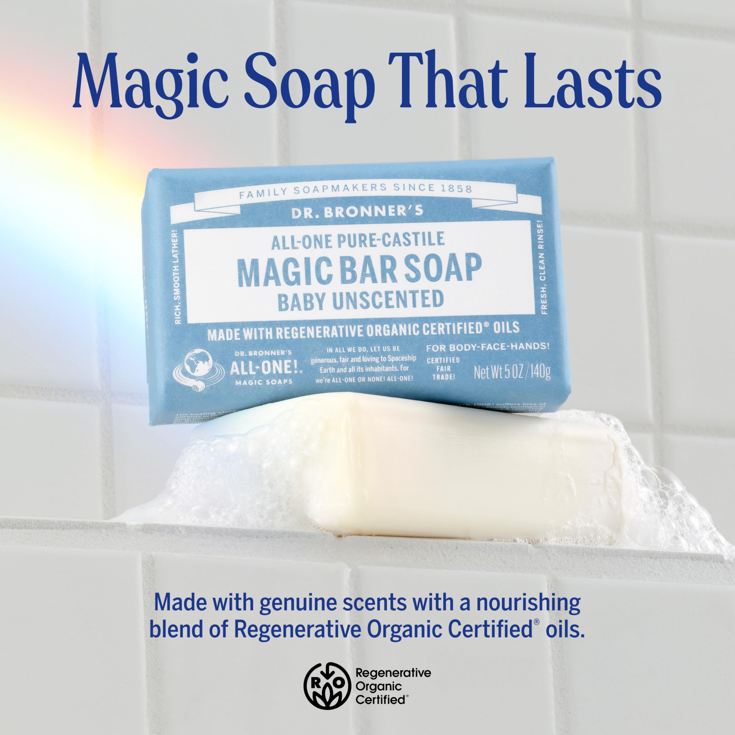 Rich lather from Dr. Bronner's Baby Unscented Magic Bar for sensitive skin.
