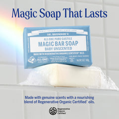 Rich lather from Dr. Bronner's Baby Unscented Magic Bar for sensitive skin.