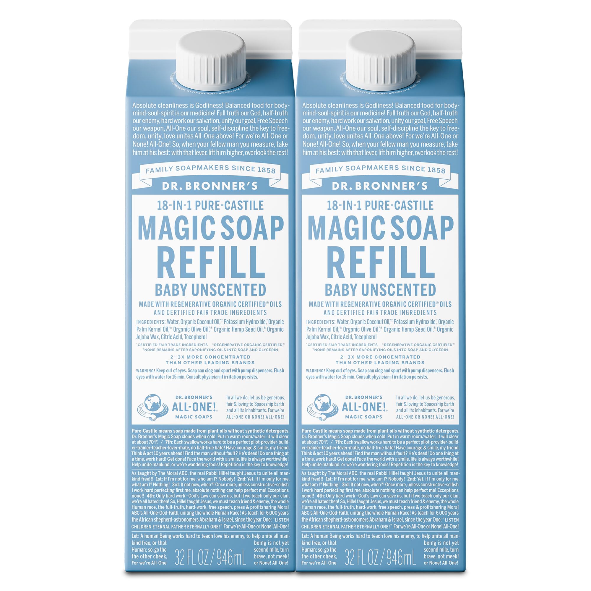 Dr. Bronner's Baby Unscented refill carton, versatile cleansing for skin and home uses