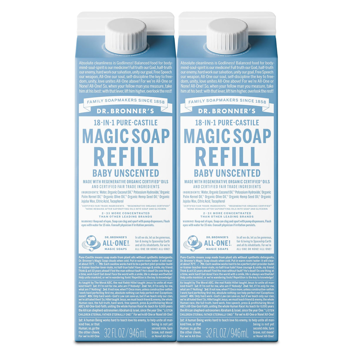 Dr. Bronner's Baby Unscented refill carton, versatile cleansing for skin and home uses
