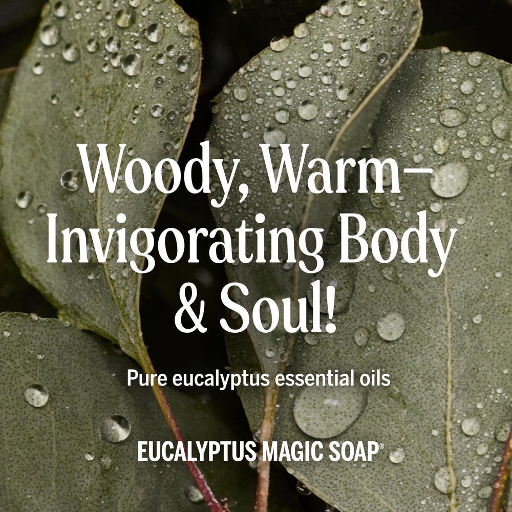 Dr. Bronner's eucalyptus bottle close-up with clear label and natural sourcing cues