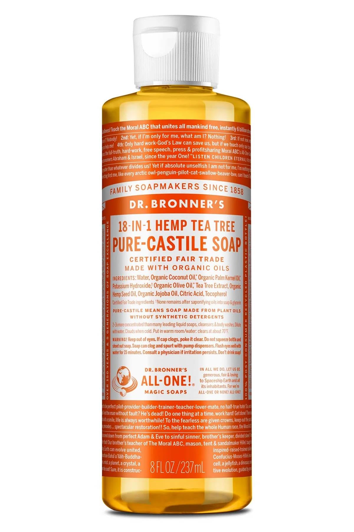 Dr. Bronner's Castile Tea Tree Soap bottle pouring, versatile skin and surface cleansing