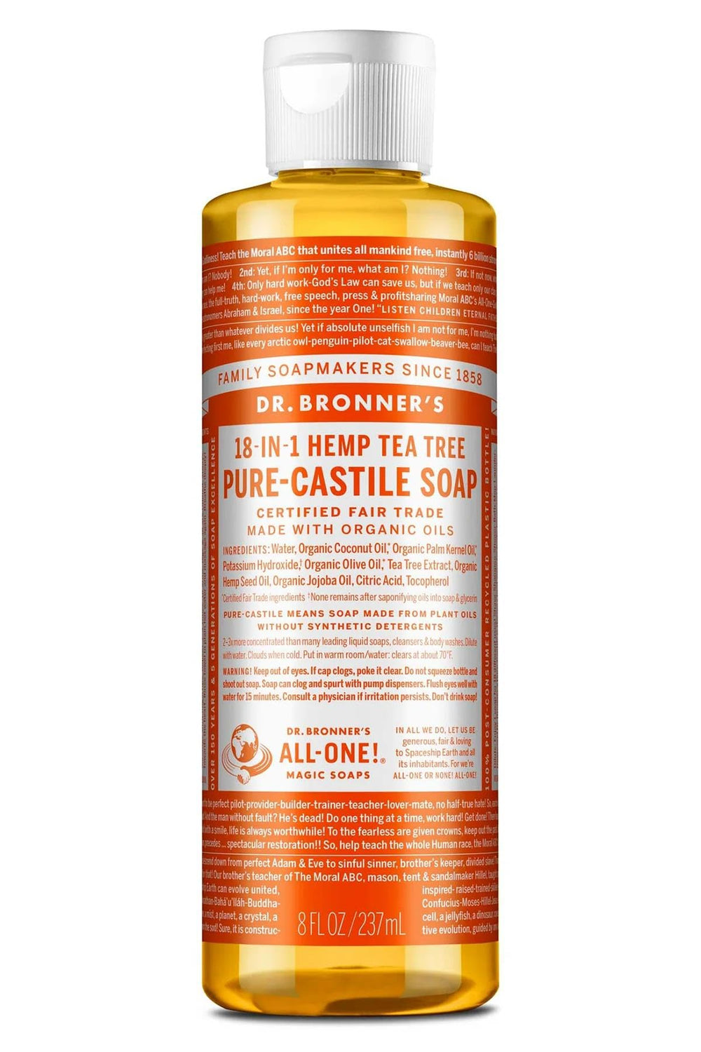 Dr. Bronner's Castile Tea Tree Soap bottle pouring, versatile skin and surface cleansing