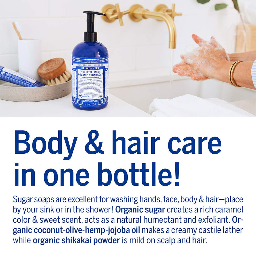 Dr. Bronner's coconut-olive-hemp oil blend provides creamy lather and skin hydration