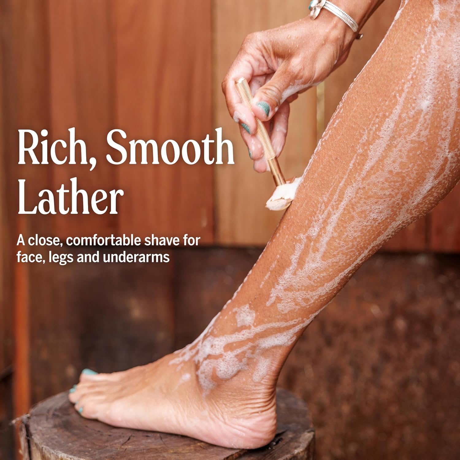 Close-up of shaving use on face, underarms, and legs with Dr. Bronner's soap