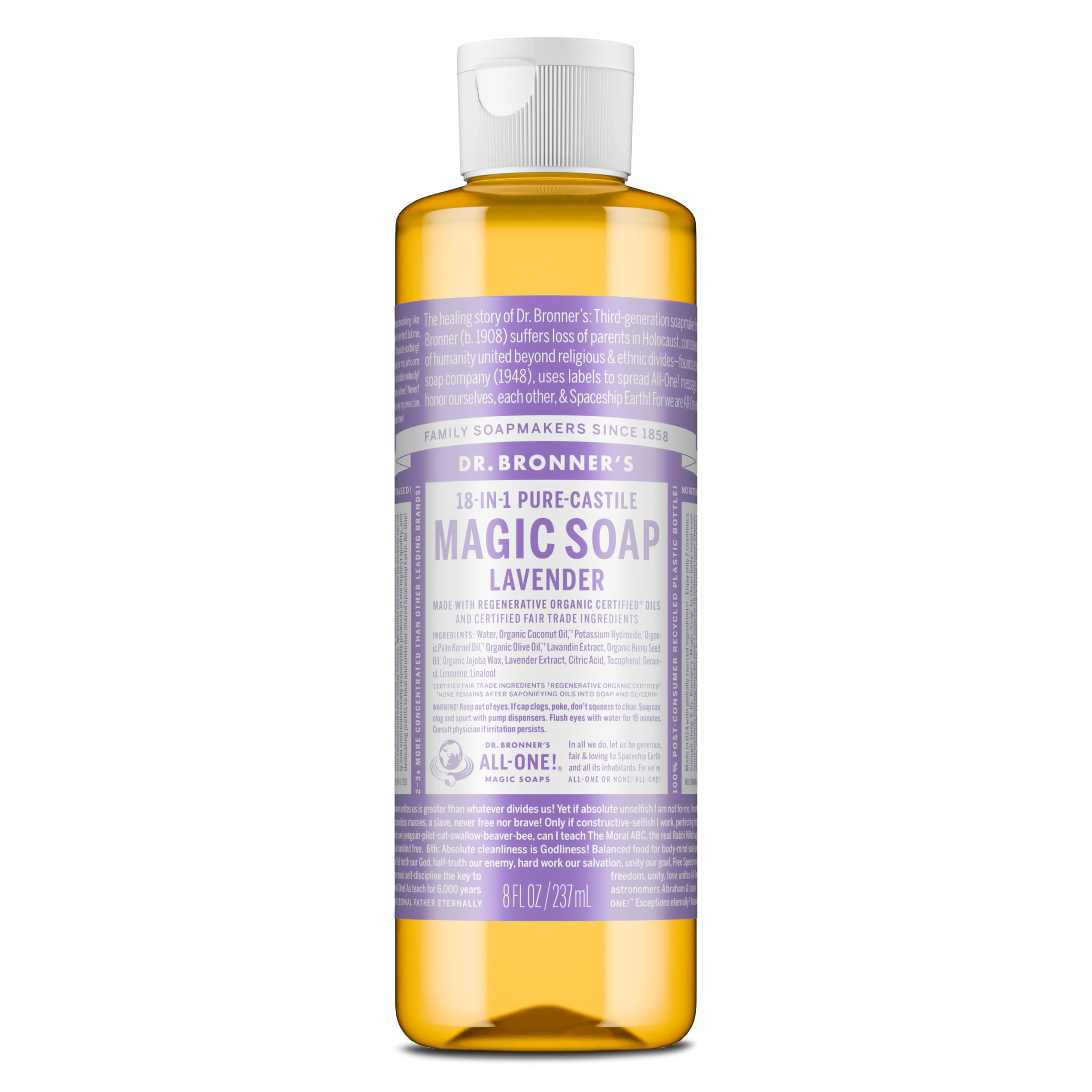 Dr. Bronner's lavender pure-castile soap bottle 8oz ready for daily cleansing.