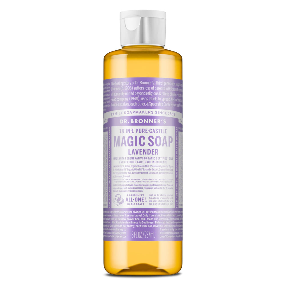 Dr. Bronner's lavender pure-castile soap bottle 8oz ready for daily cleansing.