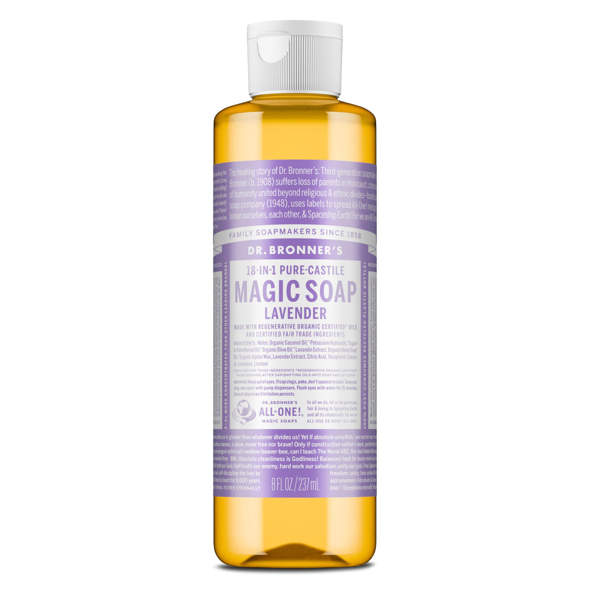 Dr. Bronner's lavender pure-castile soap bottle 8oz ready for daily cleansing.