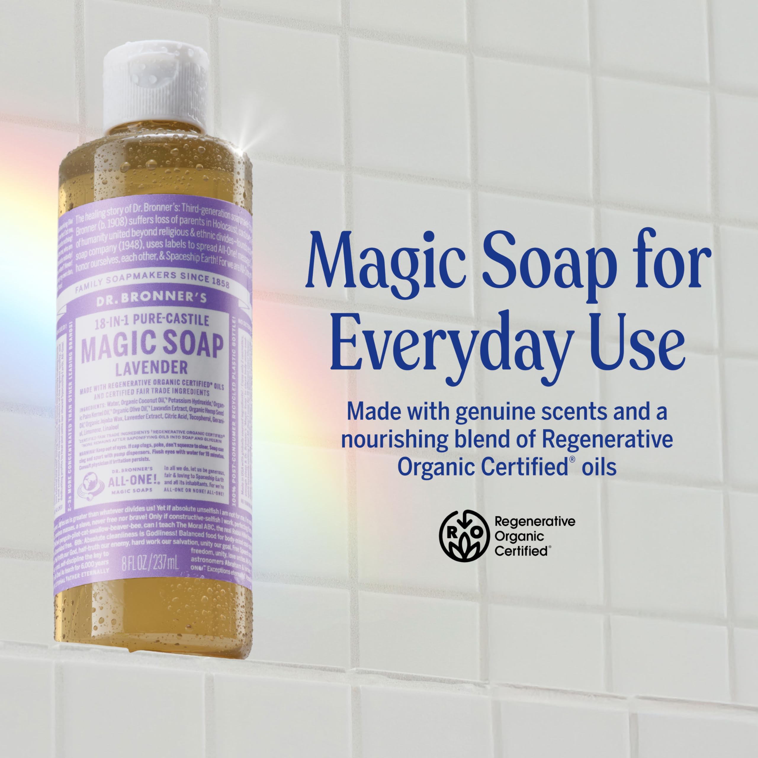 Lavender lather close-up shows rich foam for skin care by Dr. Bronner's.
