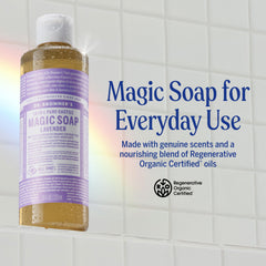 Lavender lather close-up shows rich foam for skin care by Dr. Bronner's.