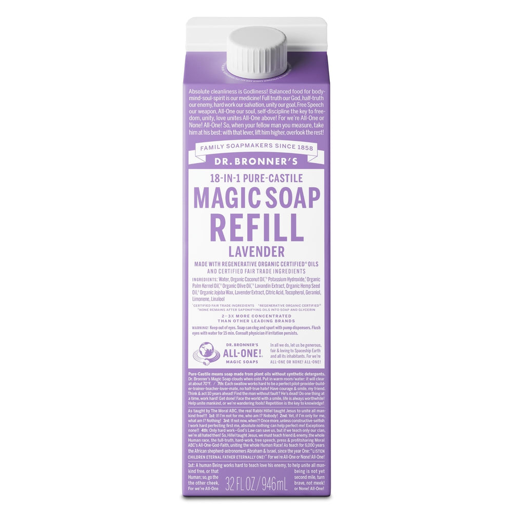 Dr. Bronner's Lavender refill bottle pour reduces plastic waste.