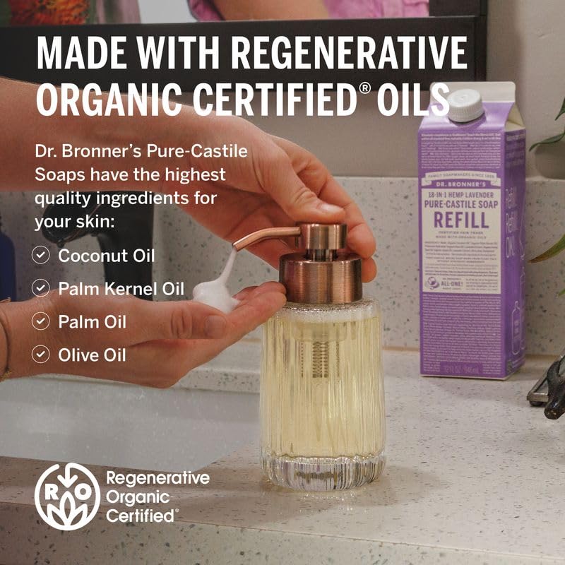 Dr. Bronner's Lavender soap creates a rich lather for a refreshing cleanse.