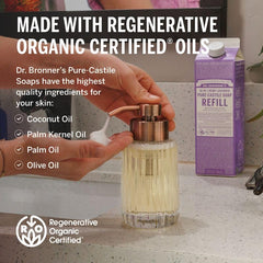 Dr. Bronner's Lavender soap creates a rich lather for a refreshing cleanse.