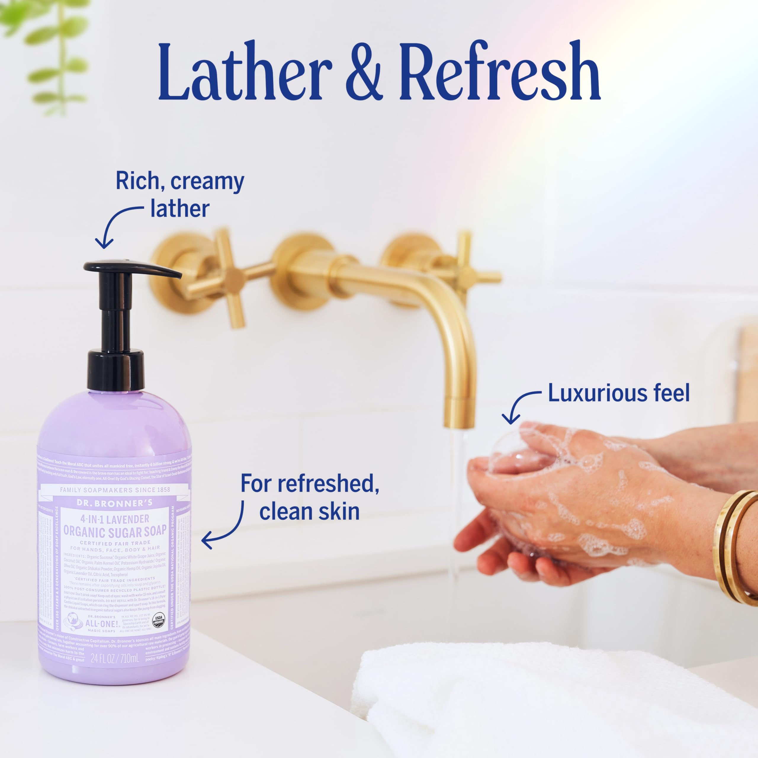 Dr. Bronner's Lavender Sugar Soap on bath shelf highlighting sustainable palm oil and ethics.