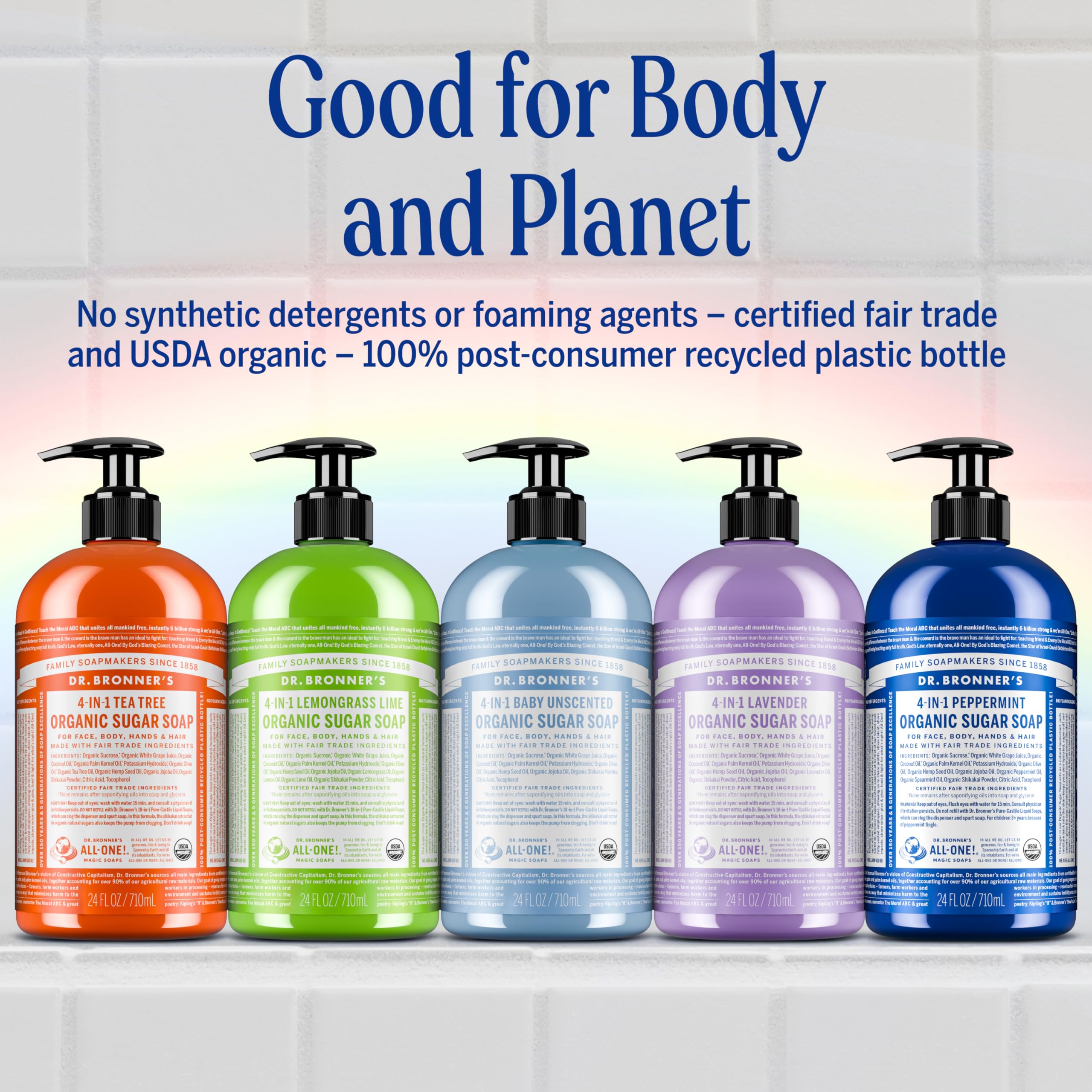 Dr. Bronner's Lavender Sugar Soap aroma enhances the bathroom ritual.