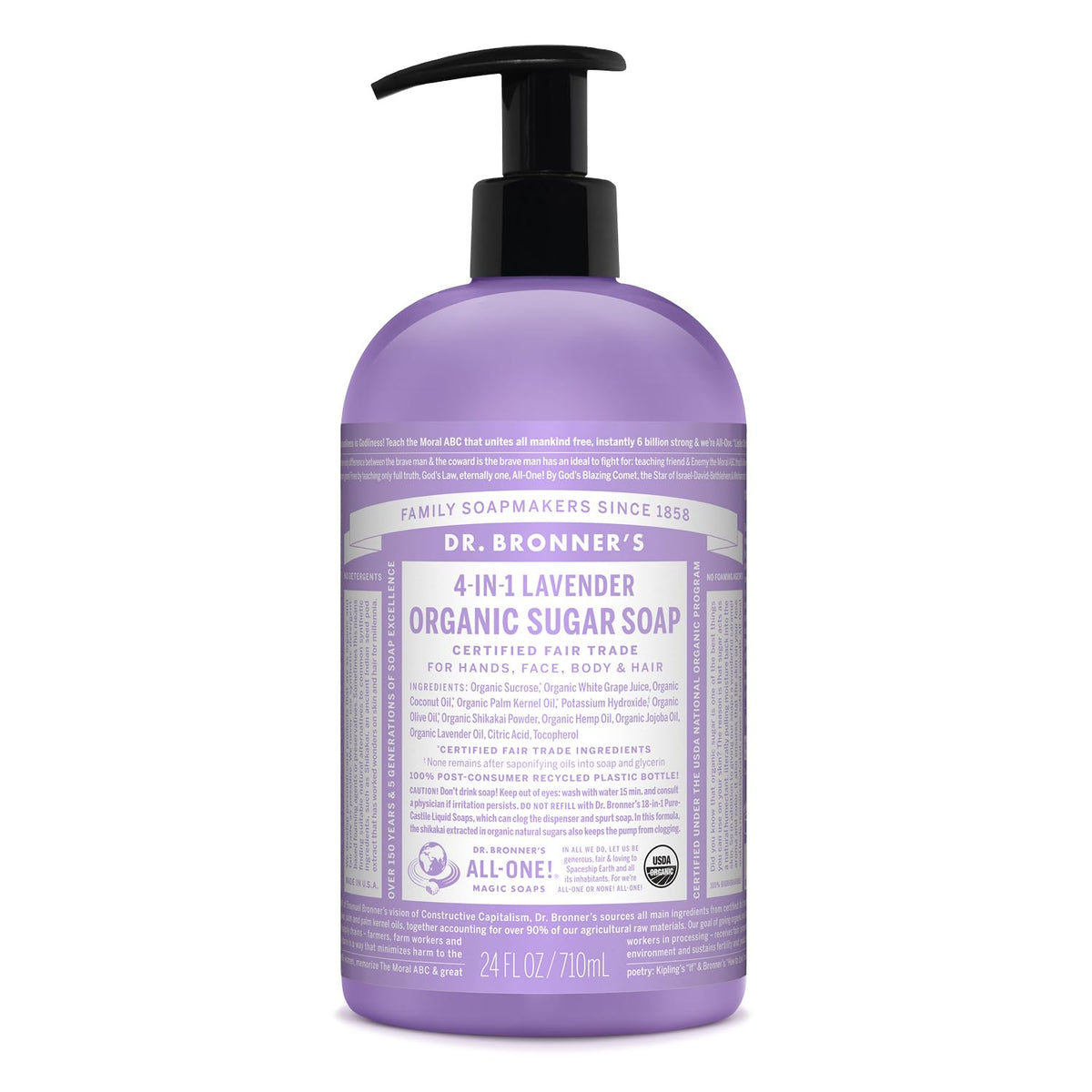 Dr. Bronner's Lavender Sugar Soap bottle front for gentle daily cleansing with organic oils.