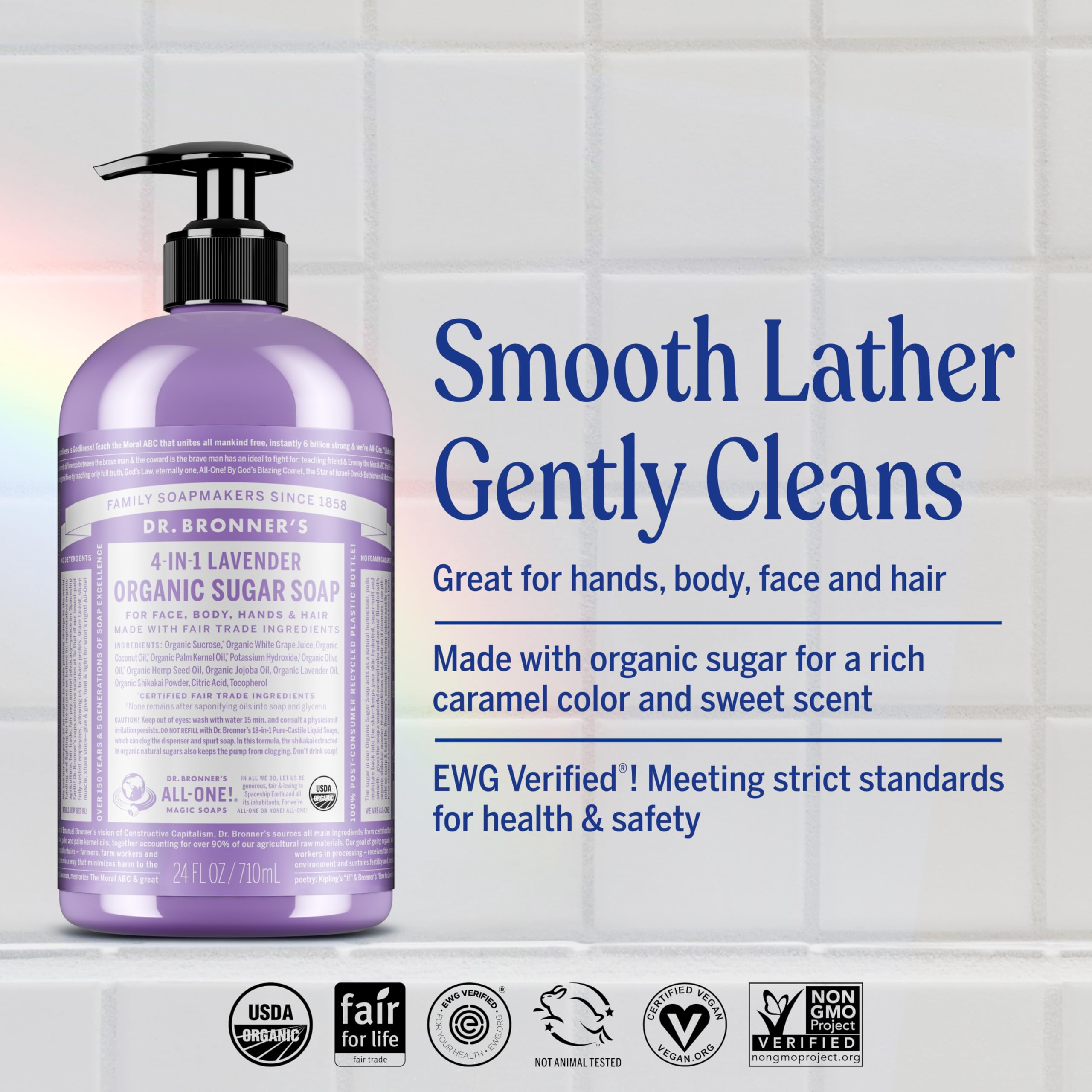 Dr. Bronner's Lavender Sugar Soap pump dispenses rich lather for hands, body, and hair.